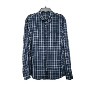 John Varvatos Mayfield‎ Plaid Button Front Shirt Navy Plaid Lightweight Men's L